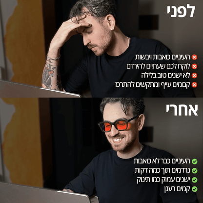 הייטקיסט עם משקפיים נגד אור כחול עם עדשות אדומות