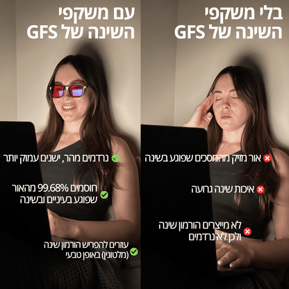 סטודנטית שמשתמשת במשקפיים נגד אור כחול עם עדשות אדומות
